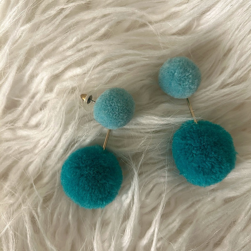 Blue Colorblocked Puff Ball Earrings